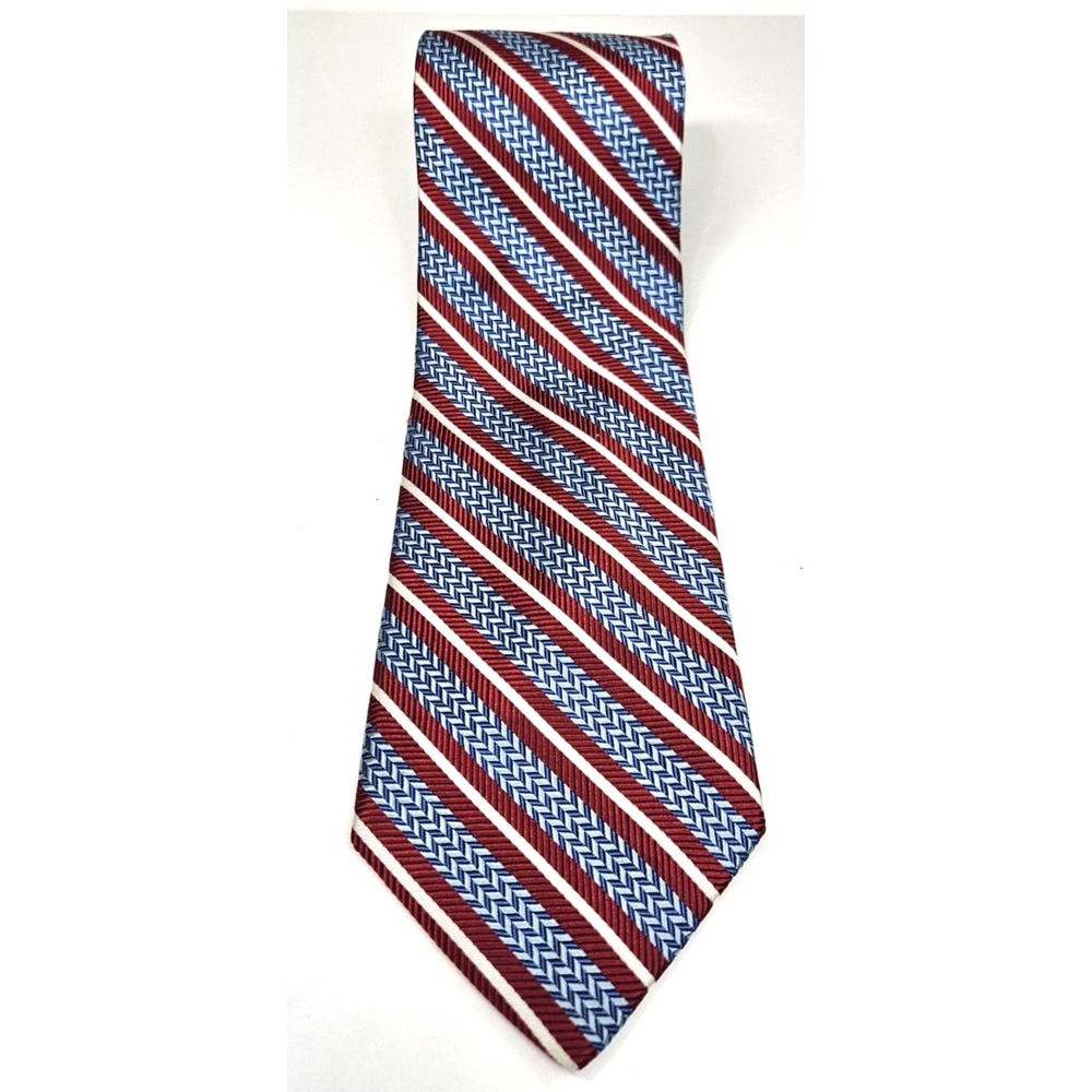 Silk Tom James Corporate Image Designer Mens Neck Tie Red Gray Blue Stripe